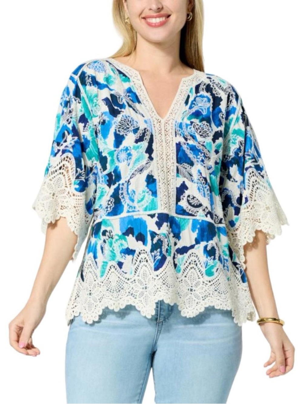 Democracy crochet trip peplum top | white blue